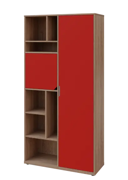 KSR6-83 P skříň šatní, 1x výsuvné ramínko, dvířka, niky, 2053x1022x400 mm, provedení pravé, dub bardolino/červená